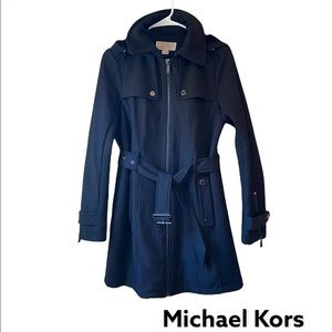MK Michael Kors Black Hooded Trench Coat Jacket Belted SZ Small